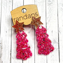 Load image into Gallery viewer, Randans resin/acrylic/wood dangle earrings- glitter christmas tree