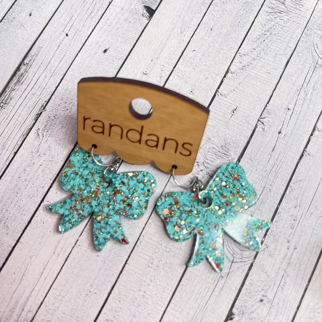 Randans resin/acrylic/wood dangle earrings- mini bows- leave color note at checkout