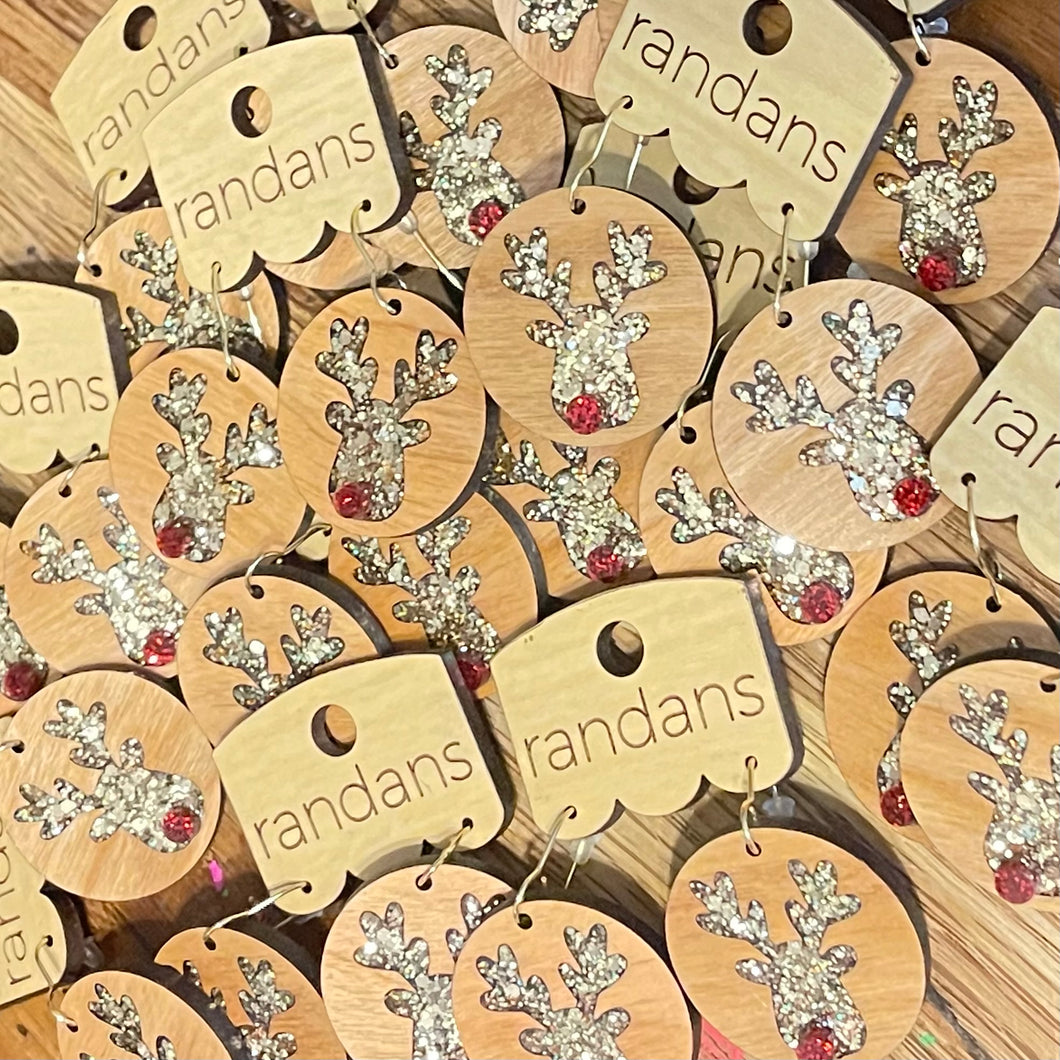 Randans resin/acrylic/wood dangle earrings- Wooden reindeer