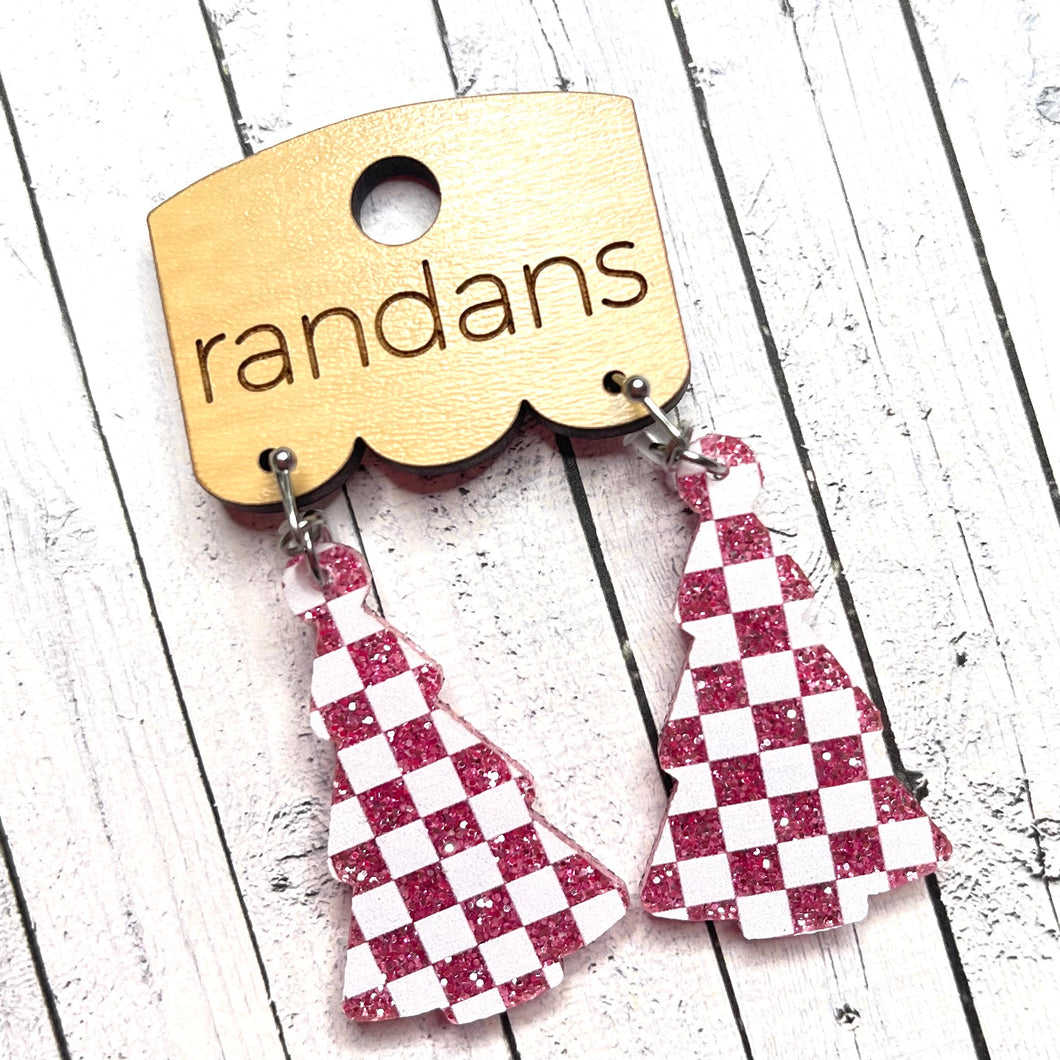 Randans resin/acrylic/wood dangle earrings- acrylic tree- pink check