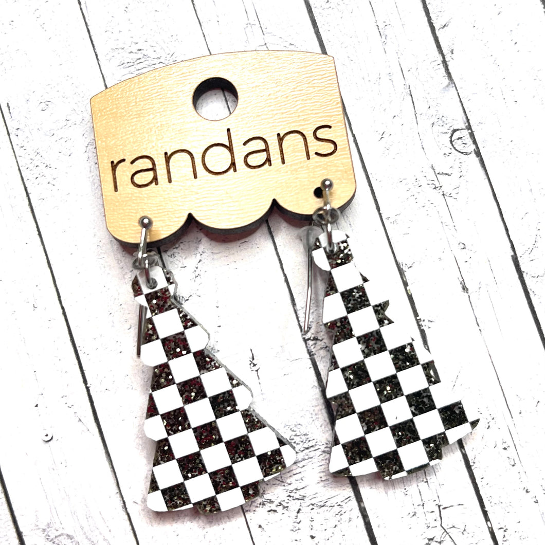 Randans resin/acrylic/wood dangle earrings- acrylic tree- black check