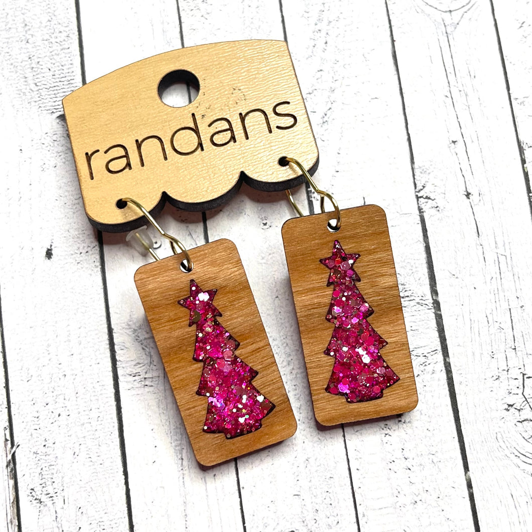 Randans resin/acrylic/wood dangle earrings- wood trees