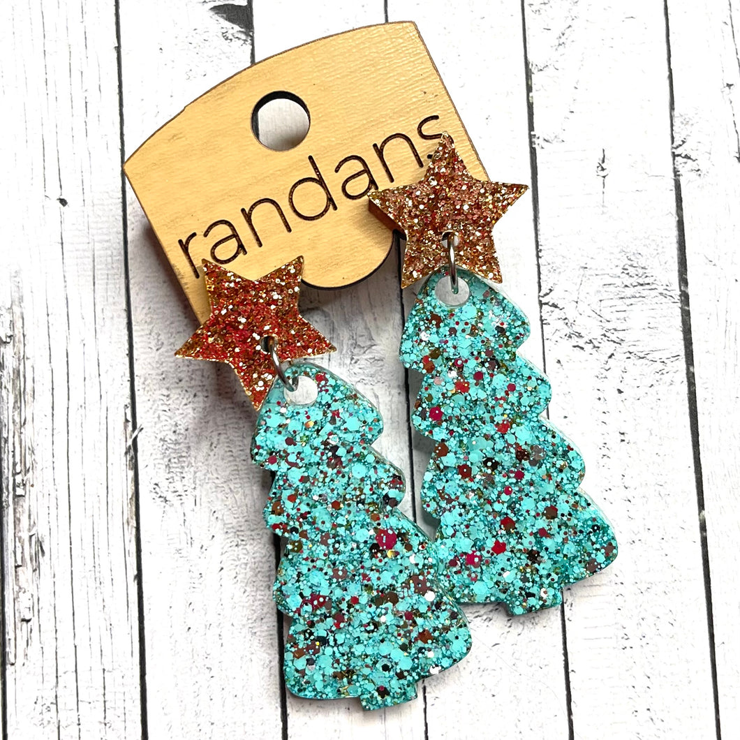 Randans resin/acrylic/wood dangle earrings- glitter christmas tree
