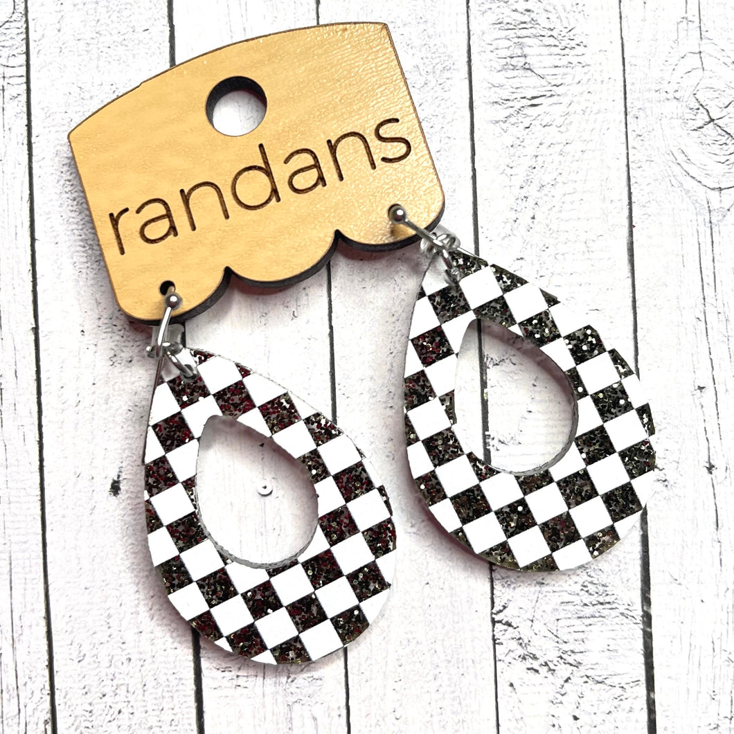 Randans resin/acrylic/wood dangle earrings- opened teardrop checkered