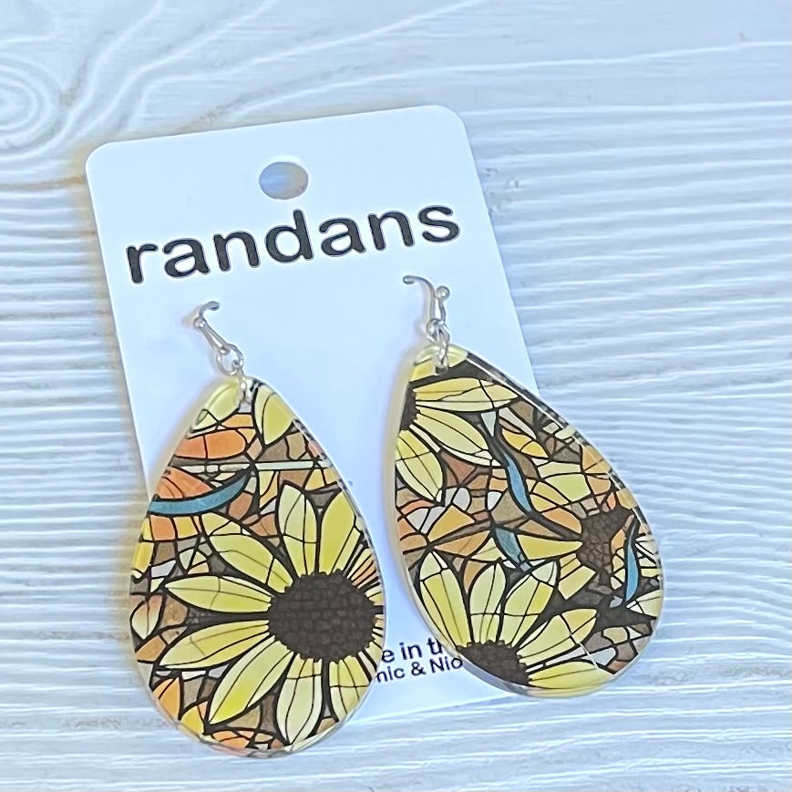 Sunflower- stained glass- teardrop dangle earrings