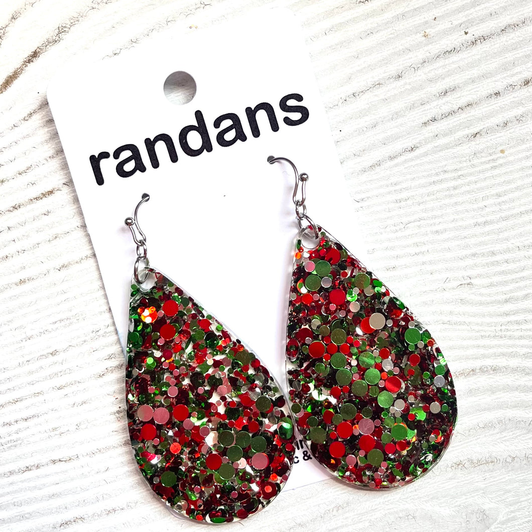christmas dots - red, green, and silver- teardrop dangle earrings