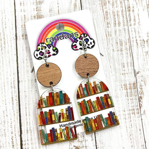 Tiered Wood Arched Bookcase Dangle Earrings