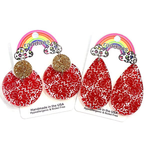 Red Floral Lace Print Earrings - Choose Your Style