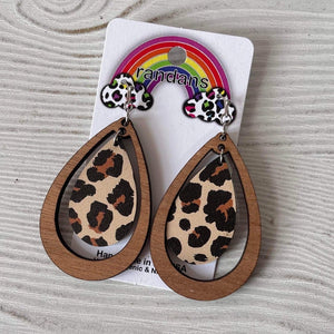 Tiered Leopard Print Teardrop Wooden Hoop Earrings