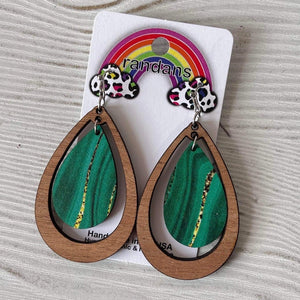 Tiered Jade Teardrop Wooden Hoop Earrings